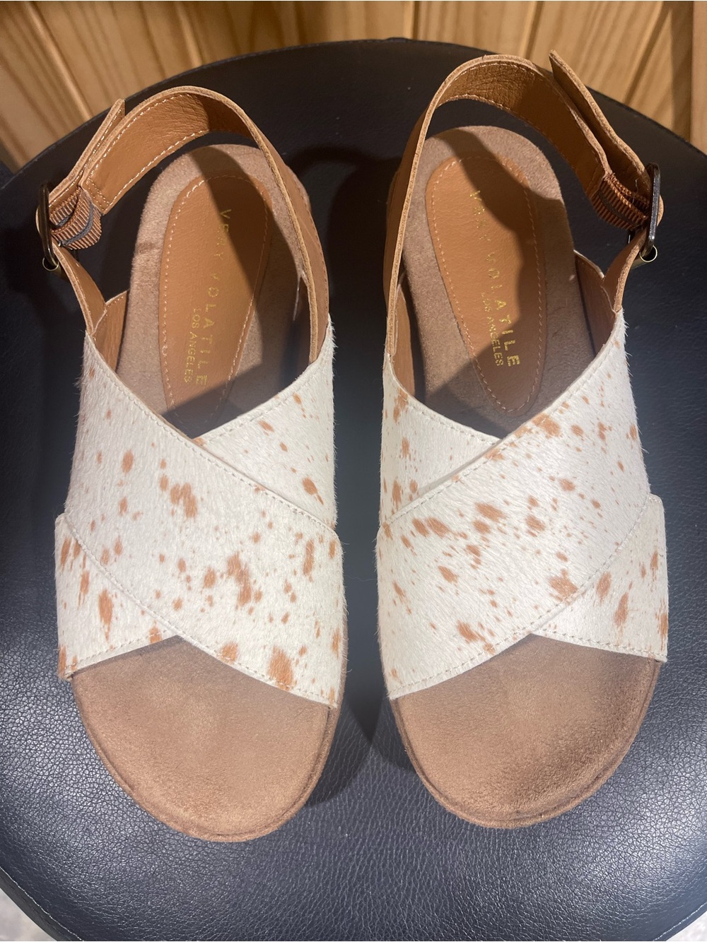 Very Volatile White and Tan Speckled Cross-Strap Sandals